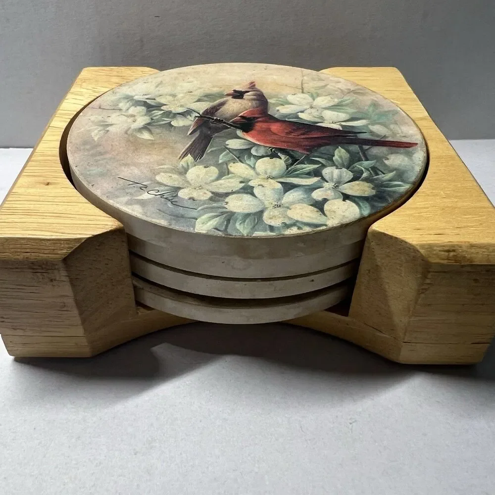 Vintage T.C. Chiu Red Cardinal Bird Coaster Set with Wooden Storage Holder MCM